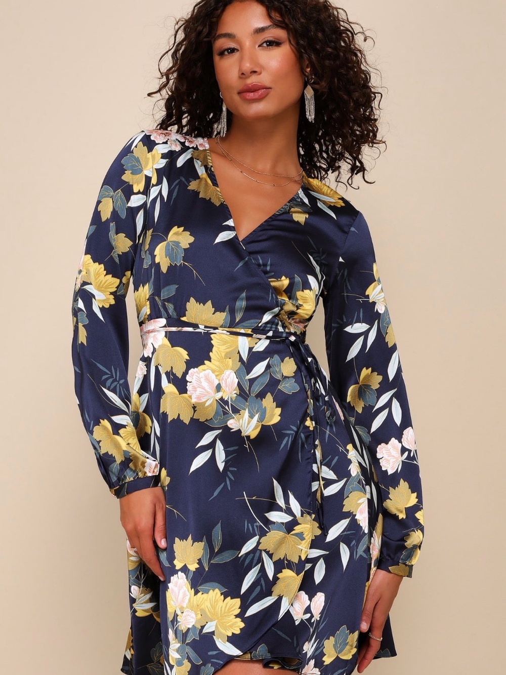 Lulu’s Love is Life Navy Blue Floral Print Satin Wrap Dress